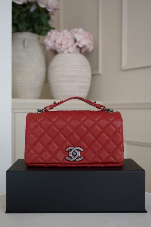 Chanel Red Quilted Goatskin Leather City Rock Flap Bag with Gunmetal Hardware