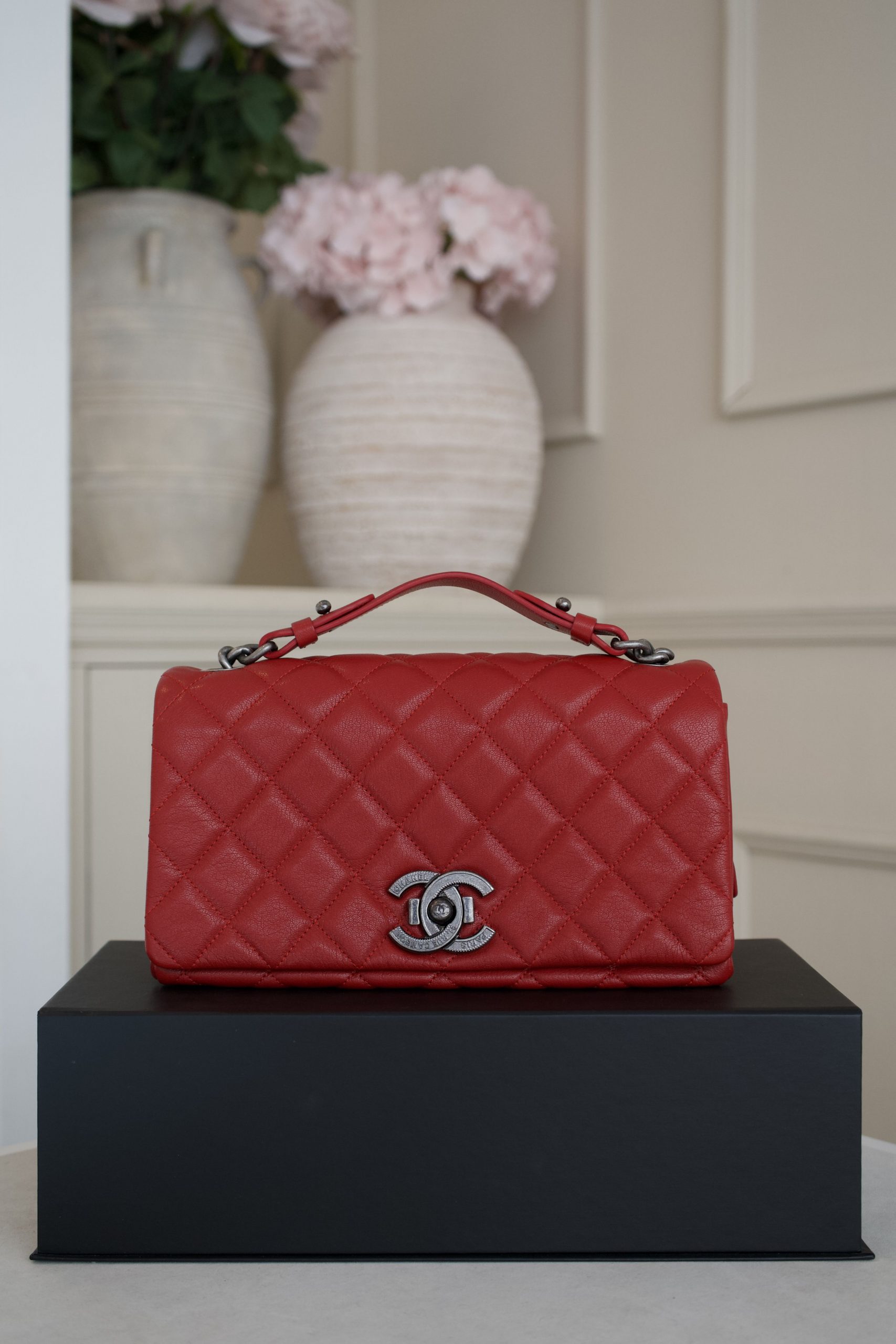 Chanel Red Quilted Goatskin Leather City Rock Flap Bag with Gunmetal Hardware