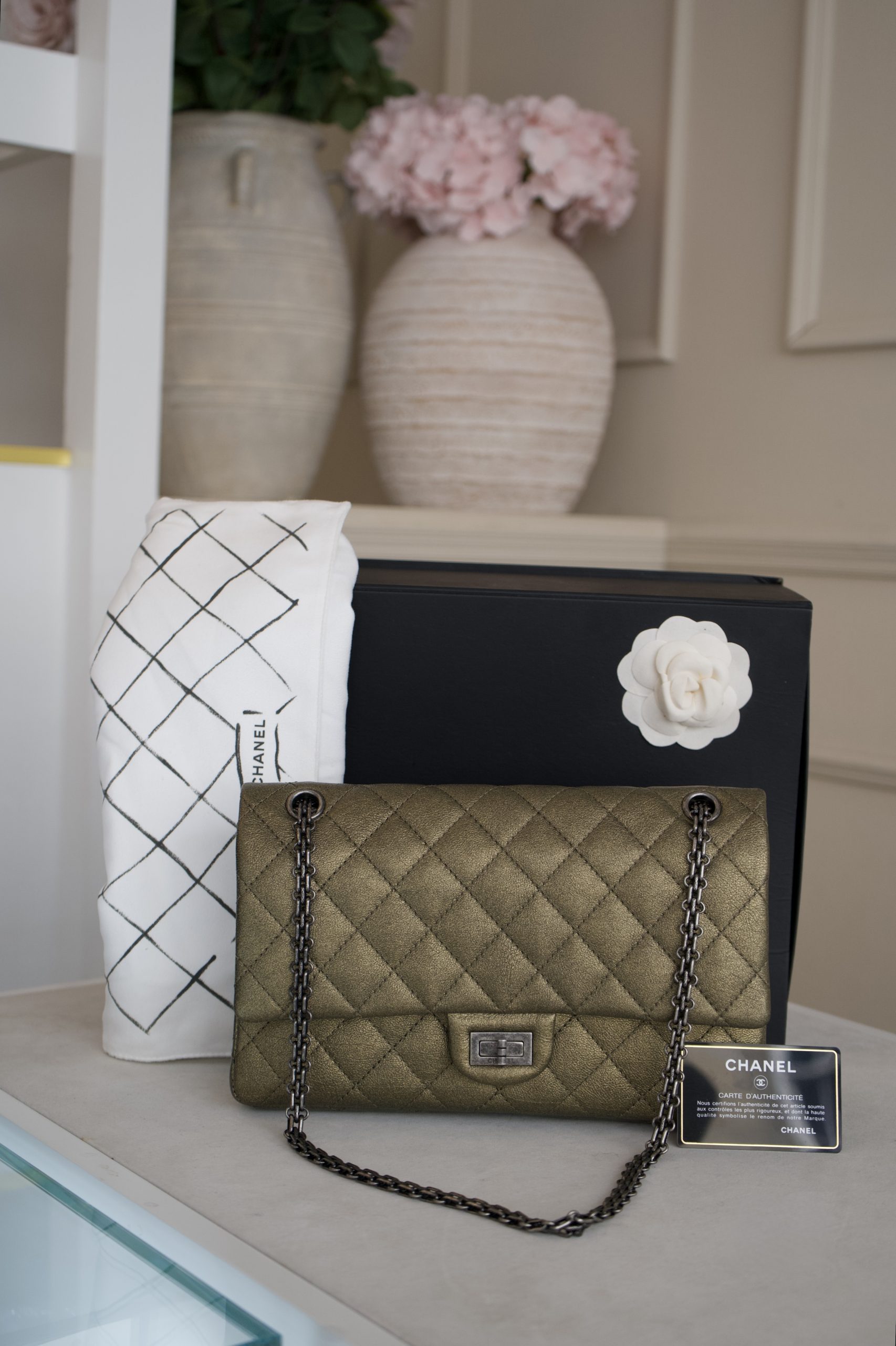 Chanel Gold Shimmering Lambskin 2.55 Flap Bag with Gunmetal Hardware - Image 12