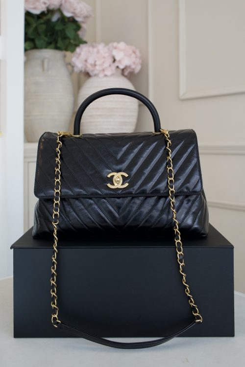Chanel Black Chevron Leather Coco Handle Bag, Gold Hardware