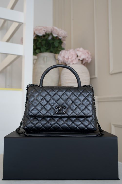Chanel Black Aged Calfskin Quilted Coco Handle Flap Bag