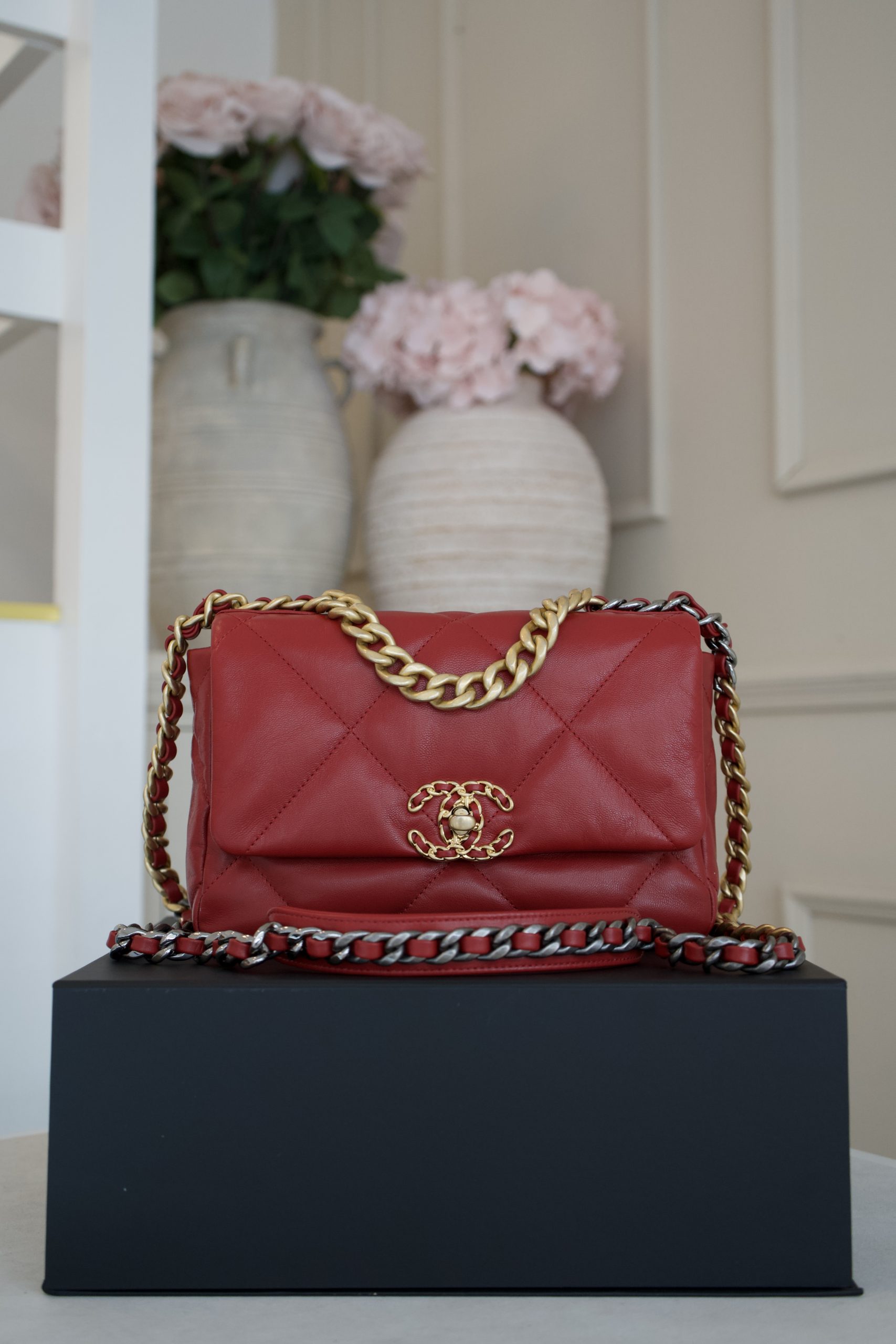 Chanel 19 Small Flap Bag in Deep Red Goatskin Leather with Mixed Hardware