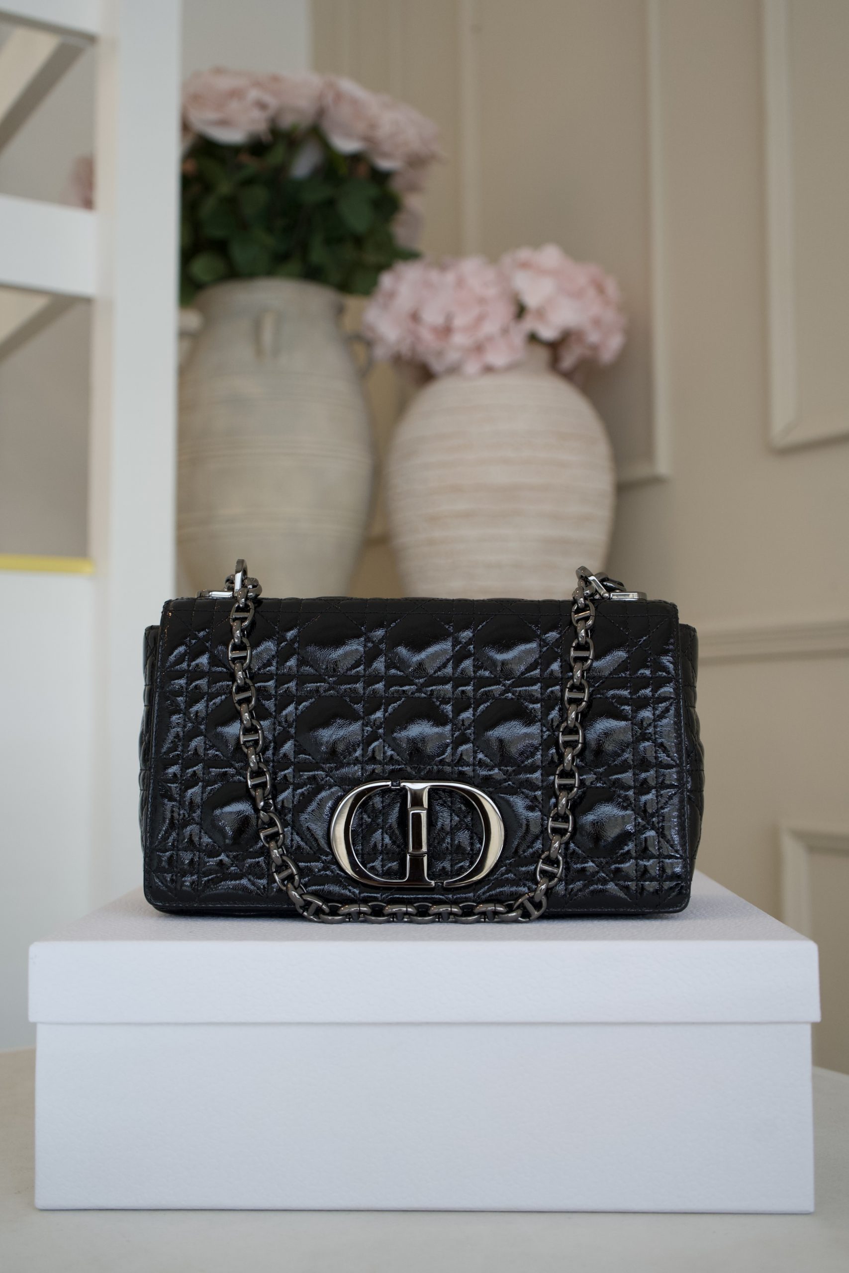Christian Dior Caro Shoulder Bag In Black Quilted Calfskin With Gunmetal Hardware (2021)