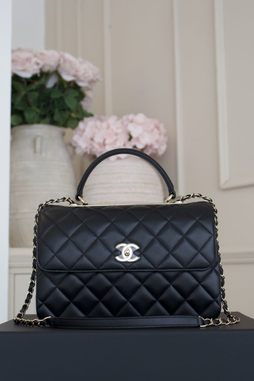 Chanel Black Quilted Large Leather Top Handle With Gold Hardware