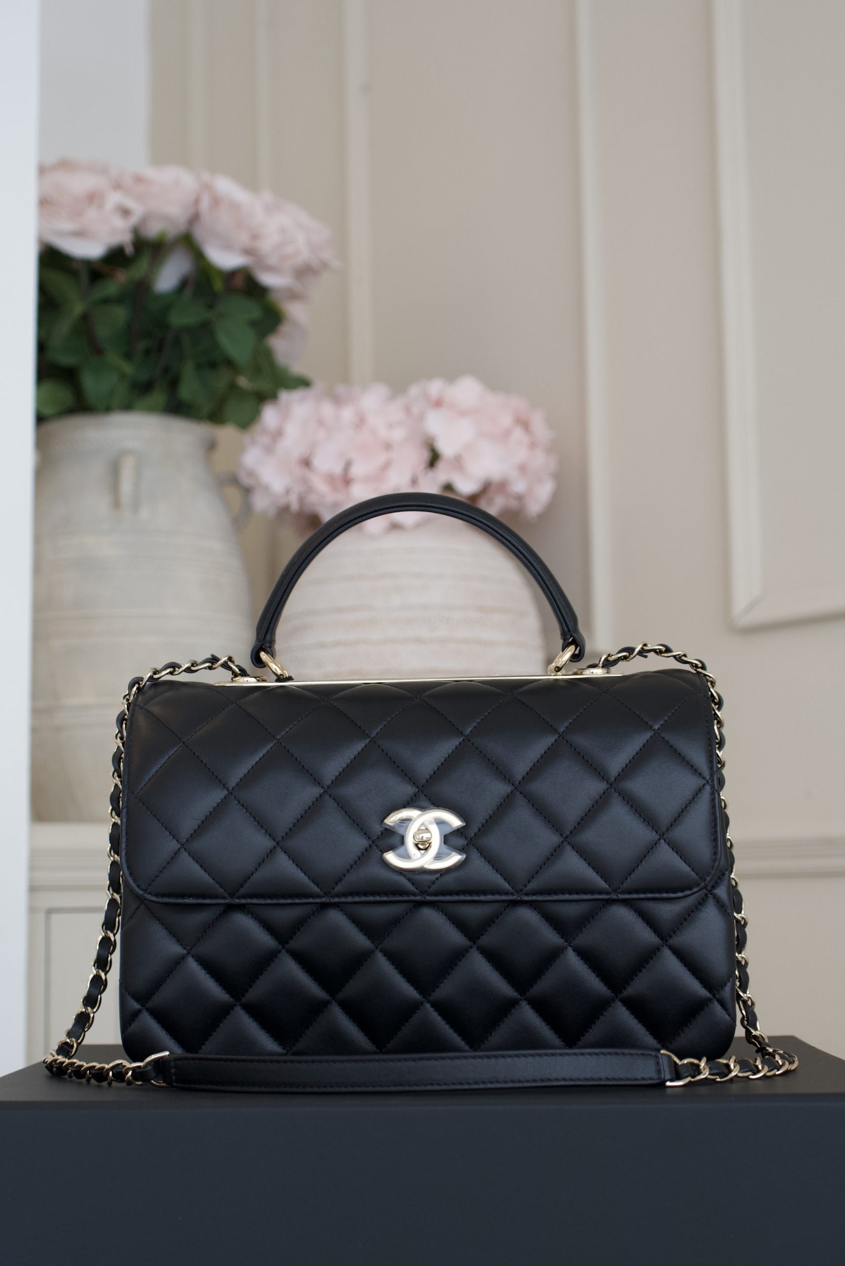 Chanel Black Quilted Large Leather Top Handle With Gold Hardware