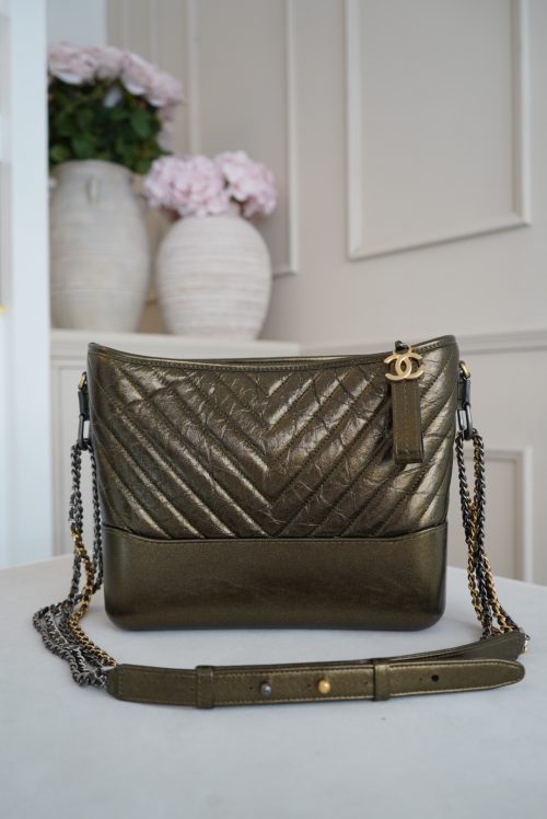 Chanel Gabrielle Metallic Olive Green Chevron Quilted Aged Calfskin Hobo Bag With Mixed Metal Hardware