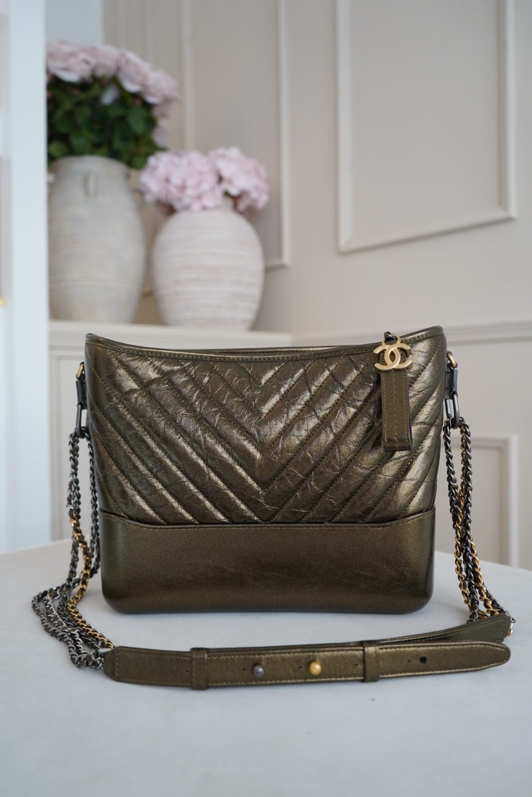 Chanel Gabrielle Metallic Olive Green Chevron Quilted Aged Calfskin Hobo Bag With Mixed Metal Hardware