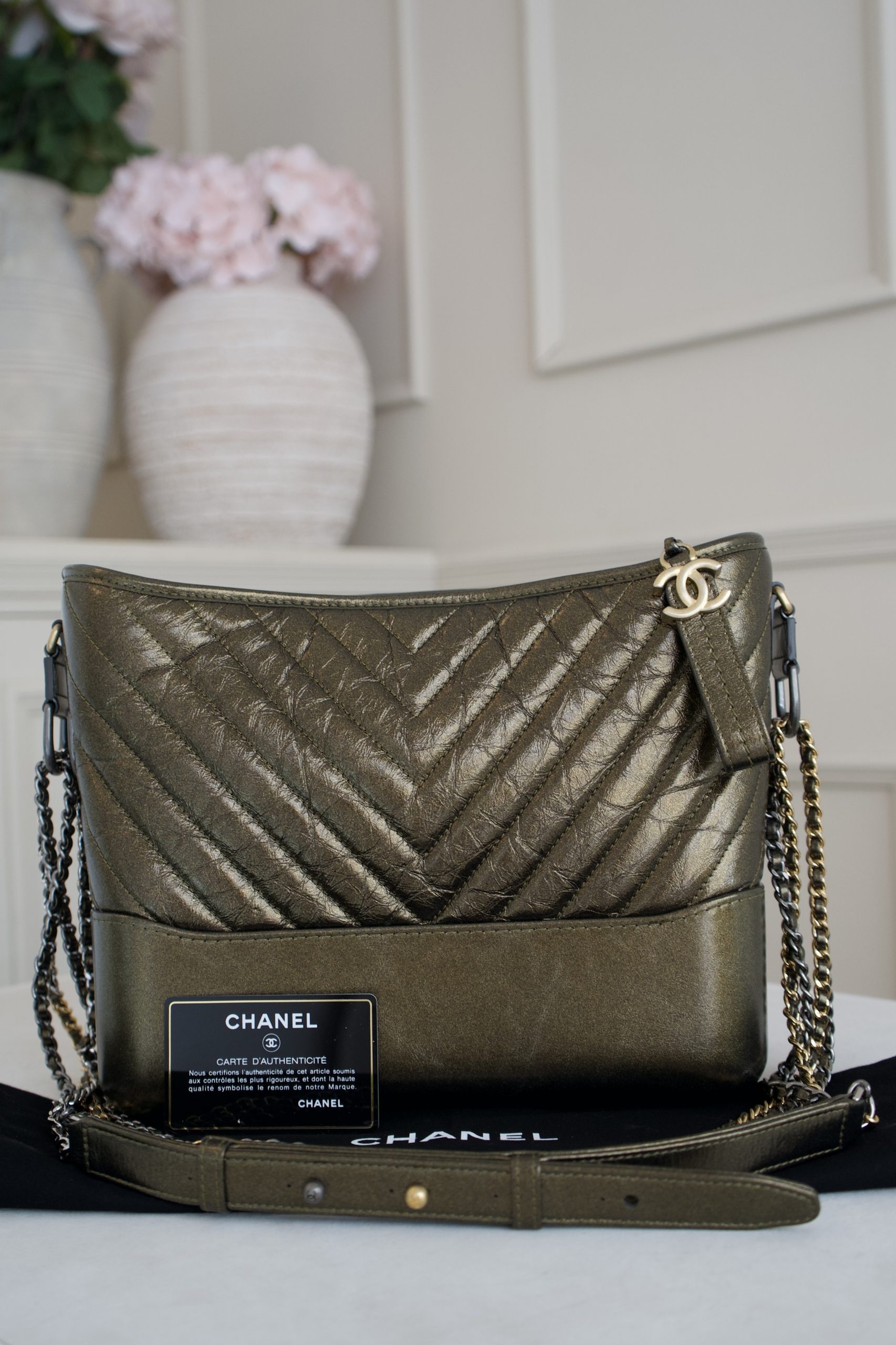 Chanel Gabrielle Metallic Olive Green Chevron Quilted Aged Calfskin Hobo Bag With Mixed Metal Hardware - Image 14
