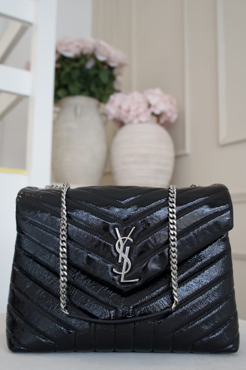 Saint Laurent Loulou Puffer Bag In Black Patent Leather And Silver Hardware