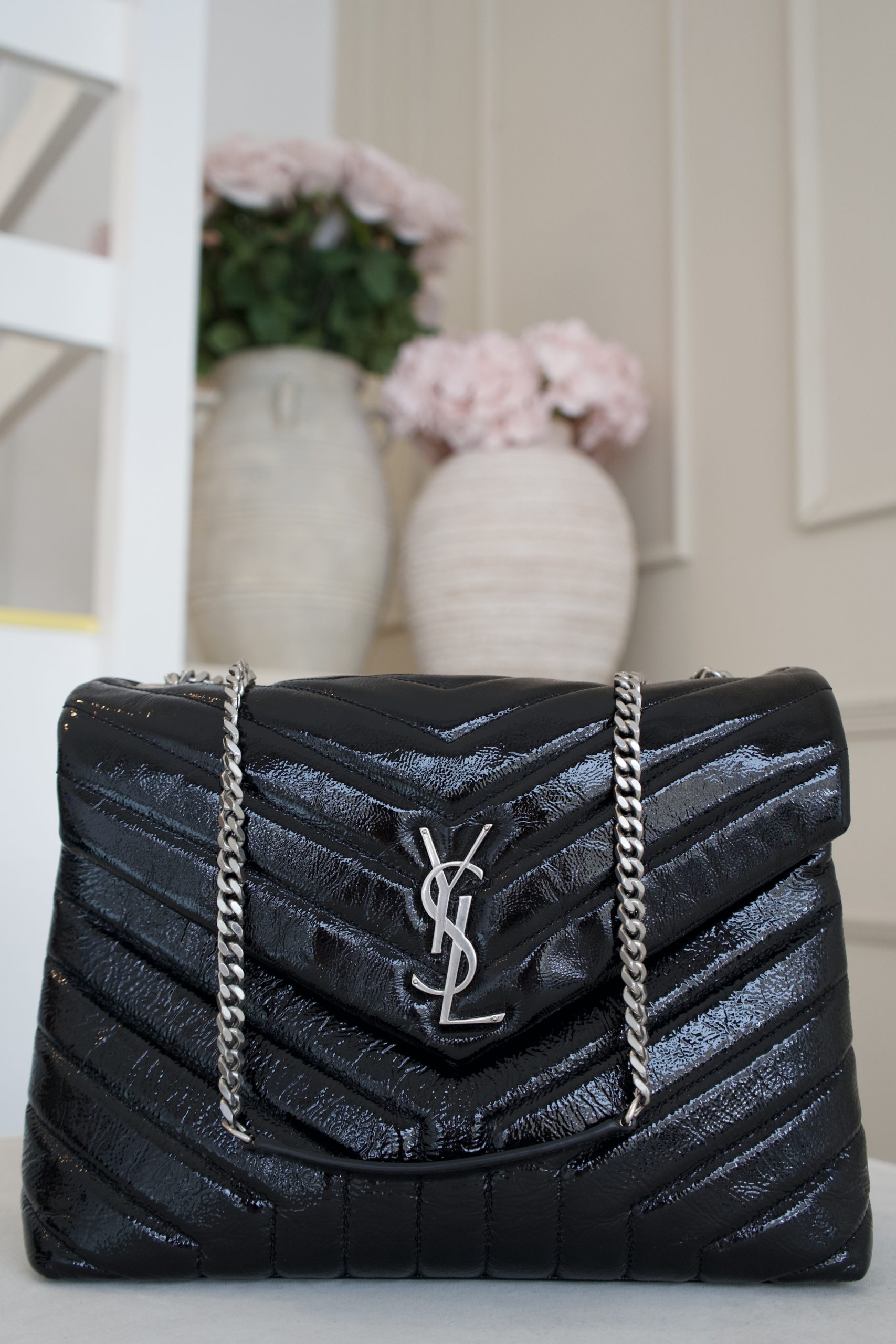 Saint Laurent Loulou Puffer Bag In Black Patent Leather And Silver Hardware