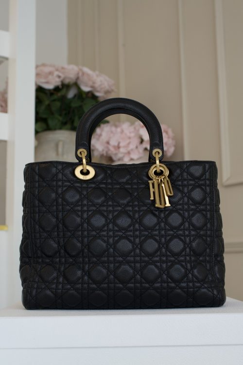Christian Dior Lady Dior Bag in Black Quilted Leather With Iconic Cannage Motif and Pale Gold Hardware