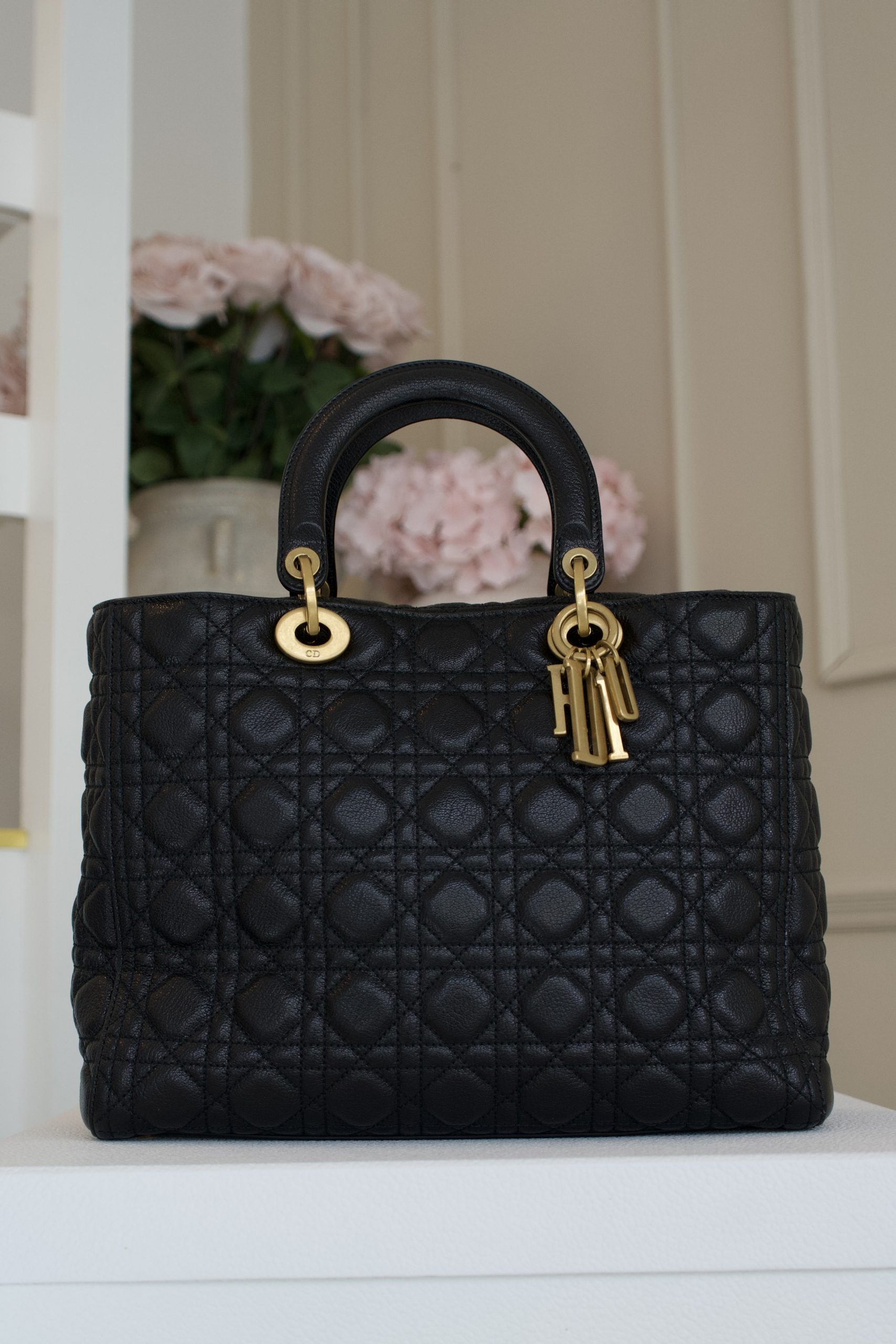 Christian Dior Lady Dior Bag in Black Quilted Leather With Iconic Cannage Motif and Pale Gold Hardware