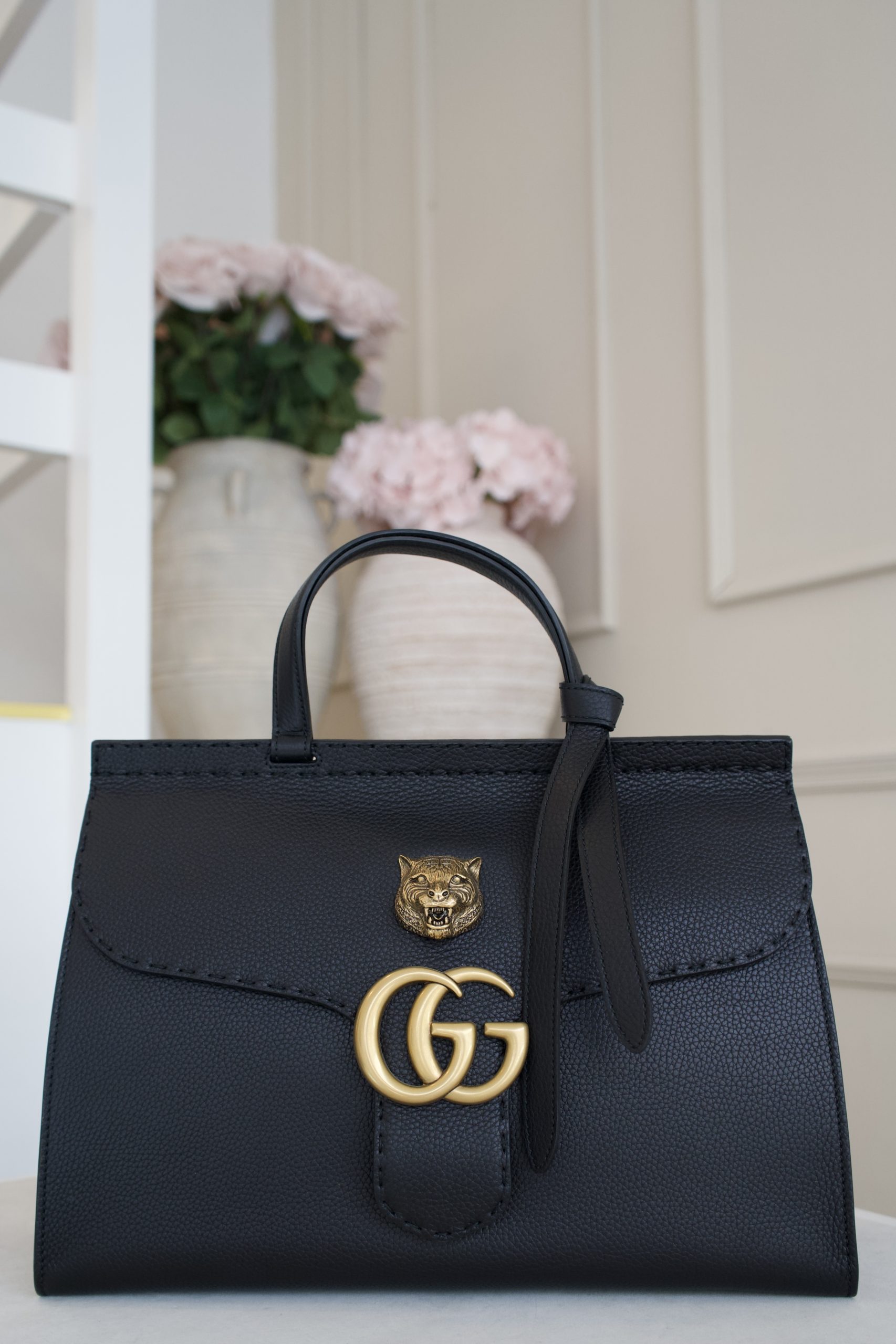 Gucci GG Marmont Animalier Bag In Black Pebbled Leather And Gold Tone Hardware with Tiger Head Plaque