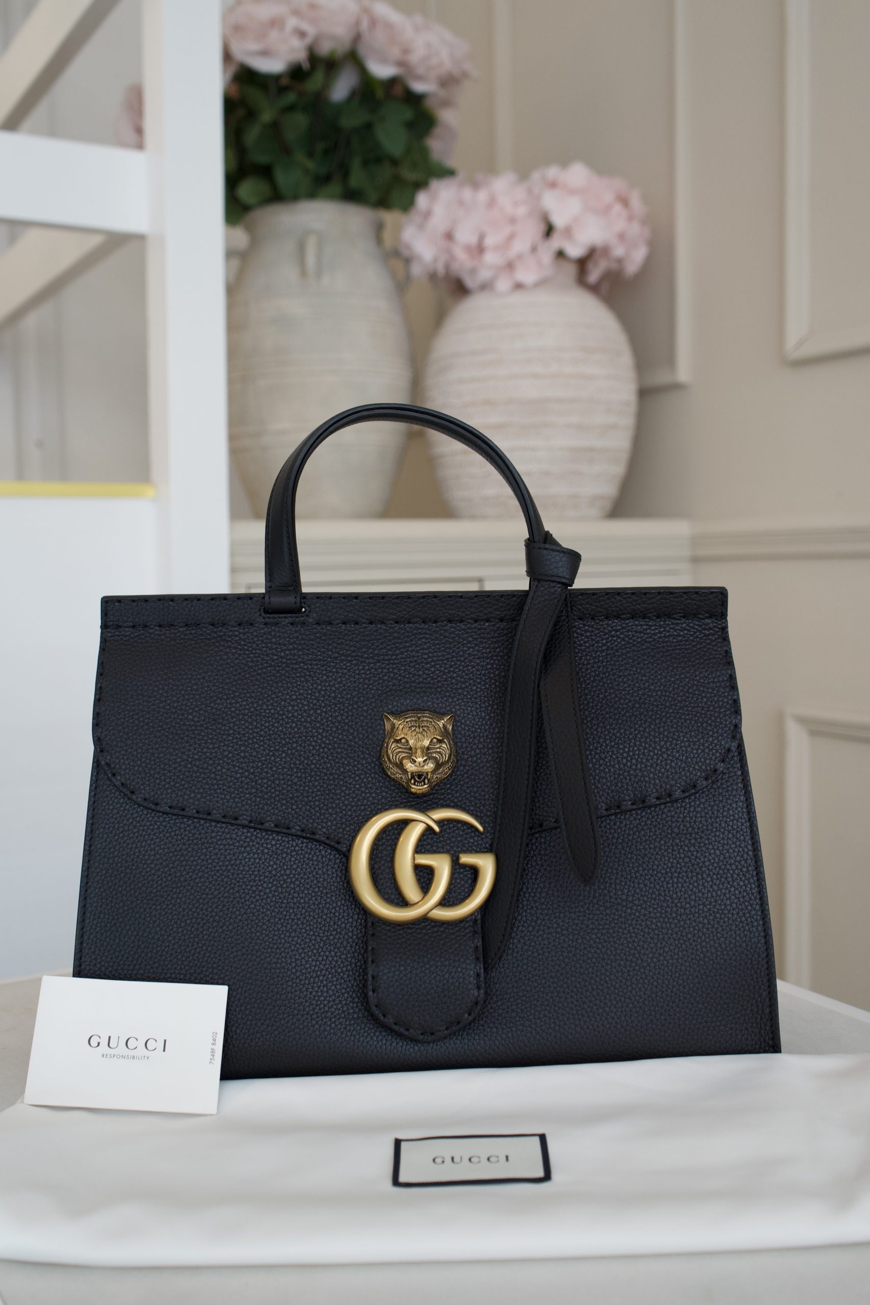 Gucci GG Marmont Animalier Bag In Black Pebbled Leather And Gold Tone Hardware with Tiger Head Plaque - Image 11