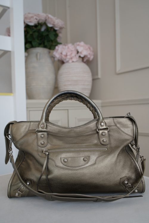Balenciaga Metallic Gold Leather City Bag With Moto Inspired Hardware And Braided Top Handles