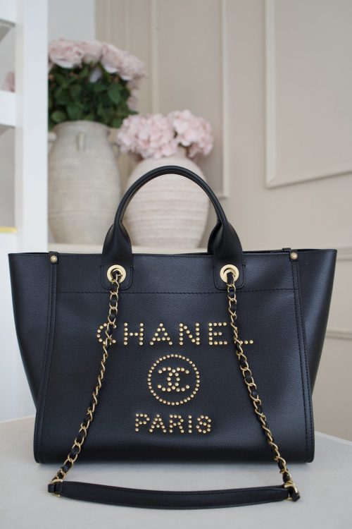 Chanel Deauville Studded Tote In Black Caviar Leather and Gold Toned Studs