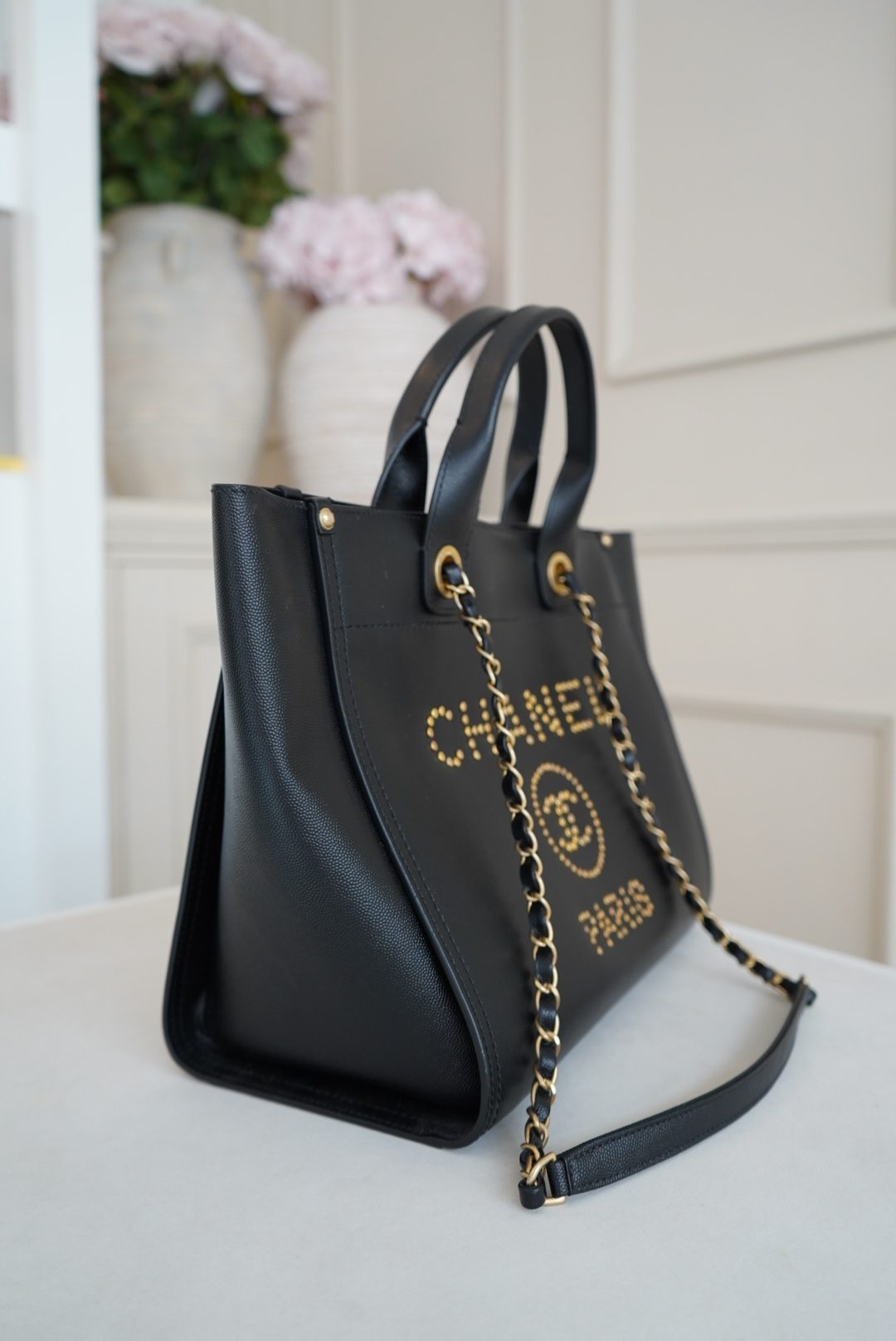 Chanel Deauville Studded Tote In Black Caviar Leather and Gold Toned Studs - Image 3
