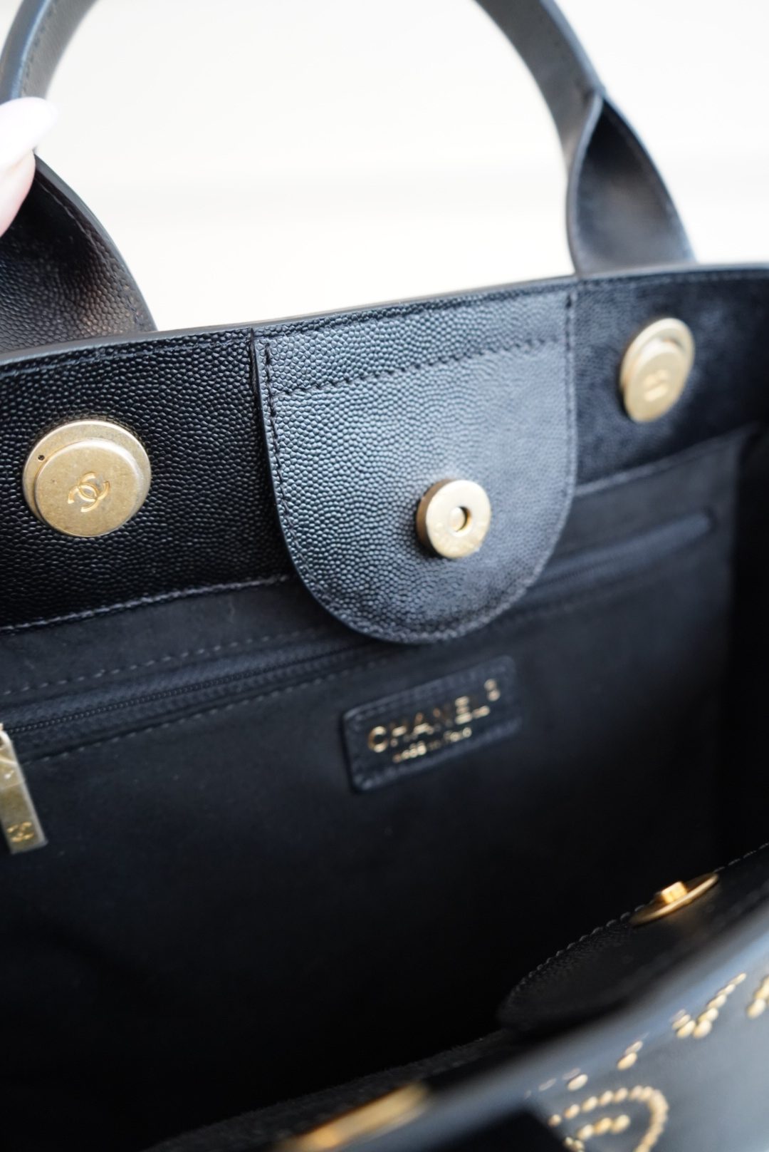 Chanel Deauville Studded Tote In Black Caviar Leather and Gold Toned Studs - Image 8