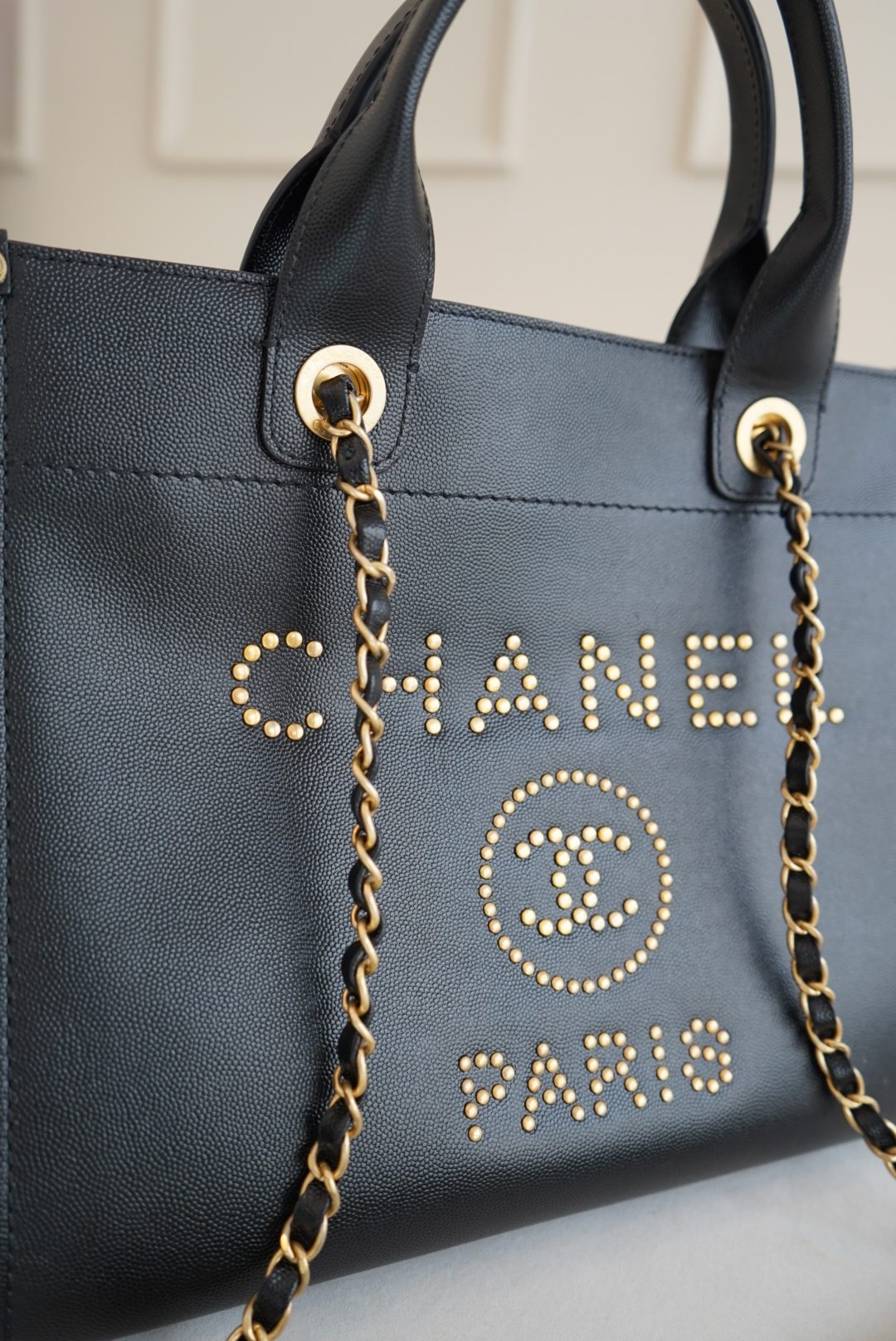 Chanel Deauville Studded Tote In Black Caviar Leather and Gold Toned Studs - Image 9