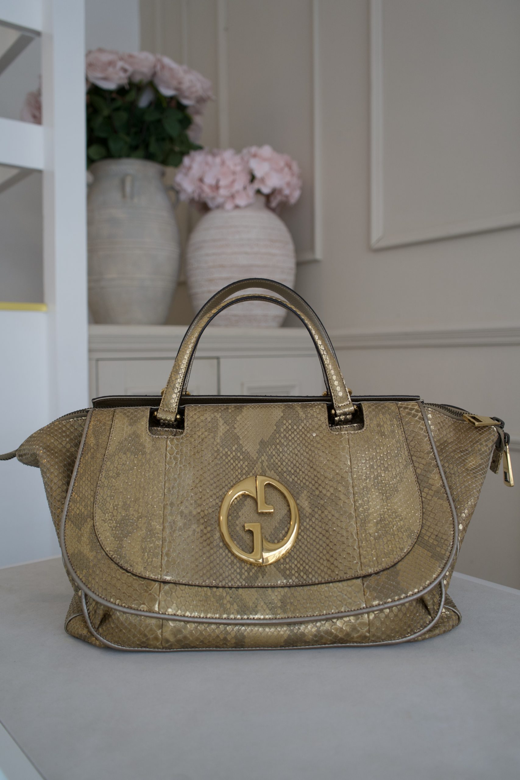 Gucci 1973 Medium Top Handle Bag In Gold Python Skin (1973)