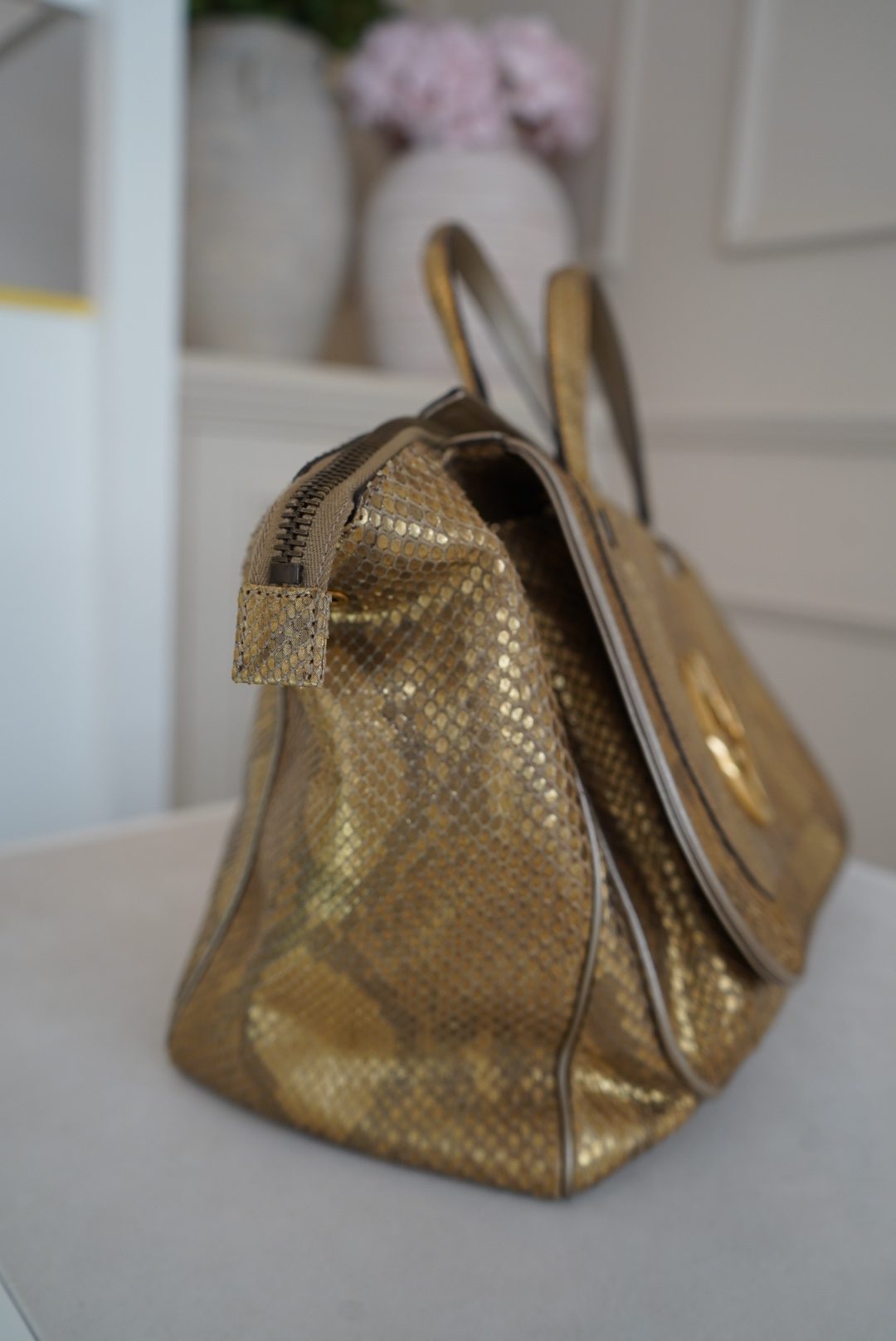 Gucci 1973 Medium Top Handle Bag In Gold Python Skin (1973) - Image 4