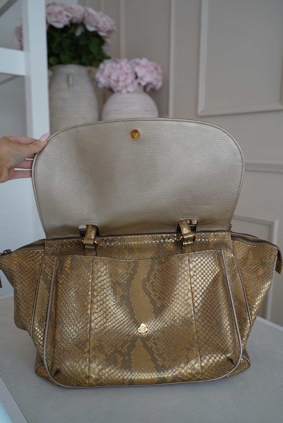 Gucci 1973 Medium Top Handle Bag In Gold Python Skin (1973) - Image 8