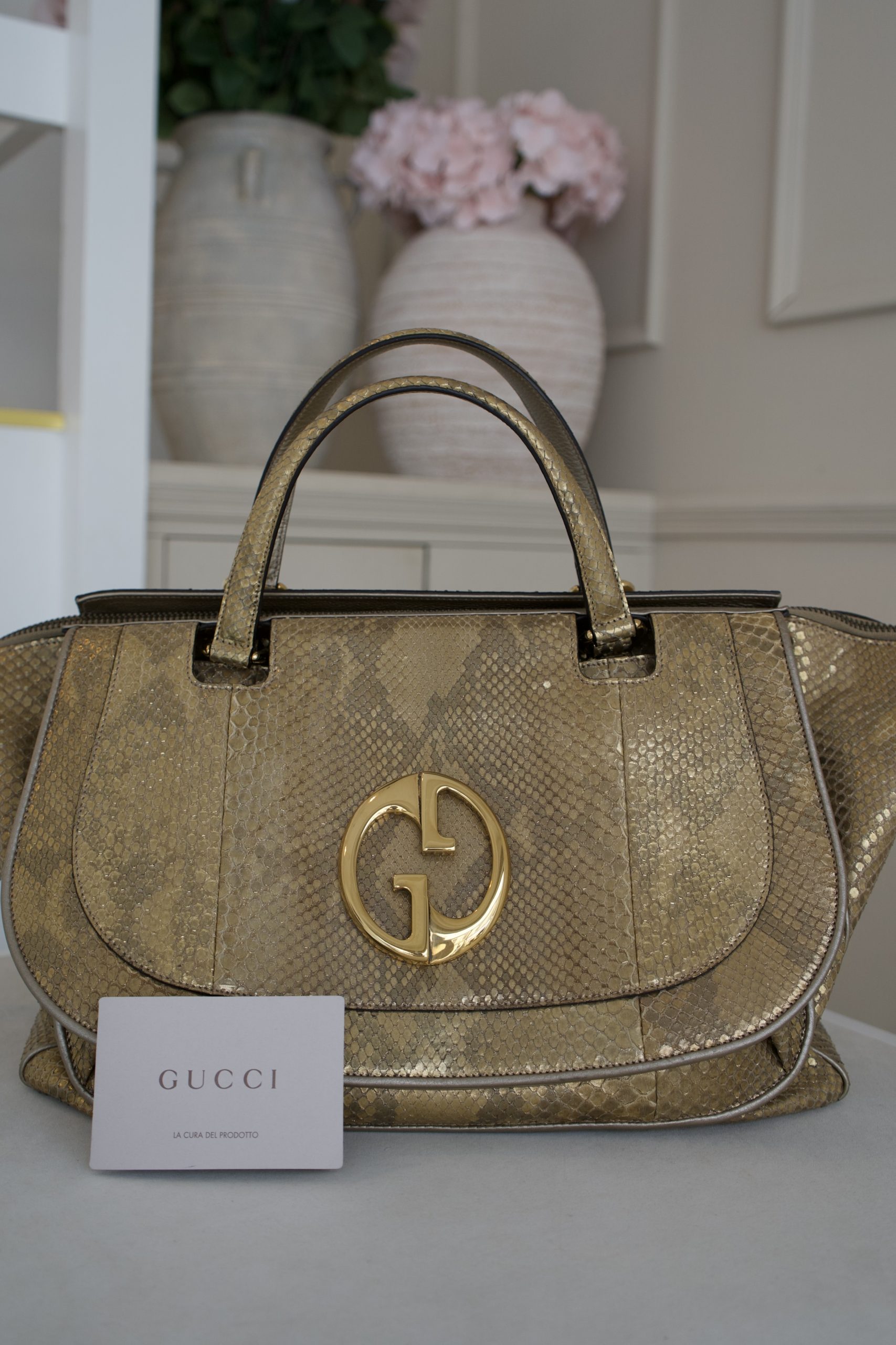 Gucci 1973 Medium Top Handle Bag In Gold Python Skin (1973) - Image 11