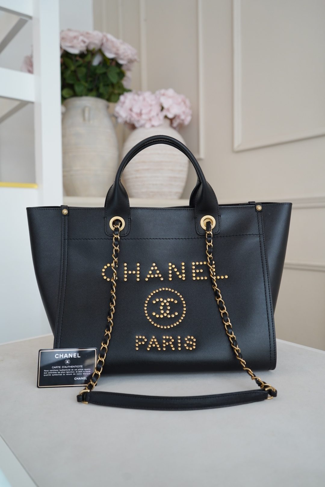 Chanel Deauville Studded Tote In Black Caviar Leather and Gold Toned Studs - Image 10