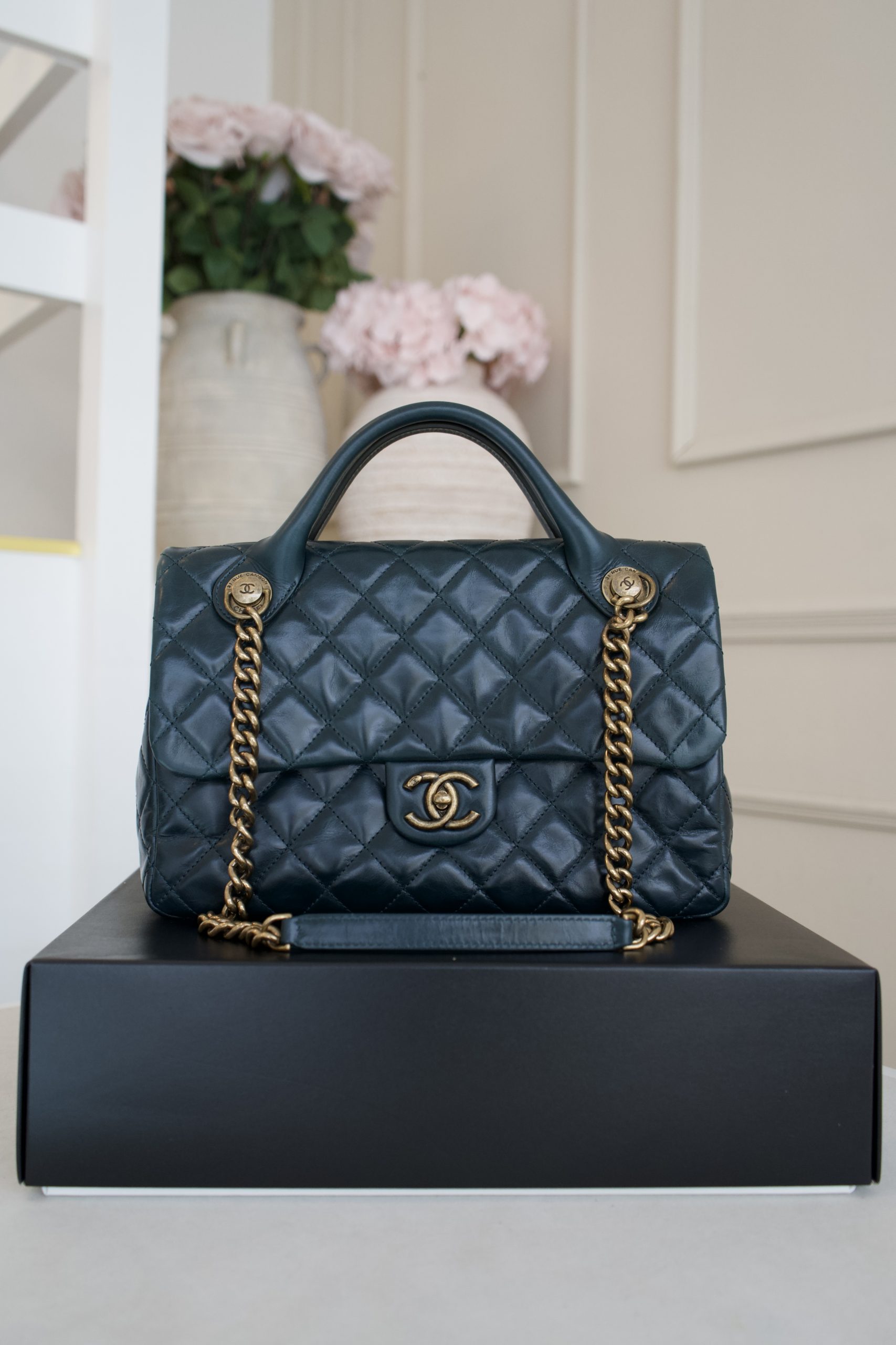 Chanel Teal Quilted Leather Castle Rock Flap Bag with Antique Gold
