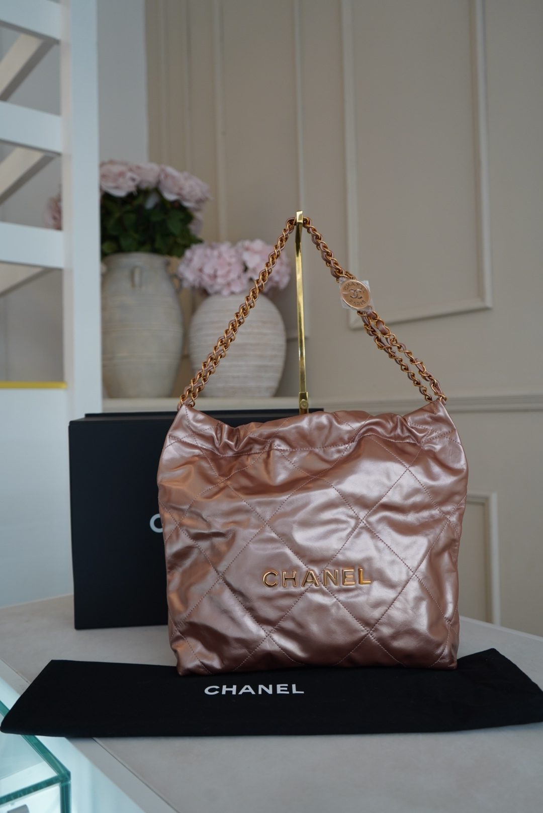 SOLD - Chanel 22 Rose Gold Shiny Calfskin with Rose Gold Hardware - Image 12