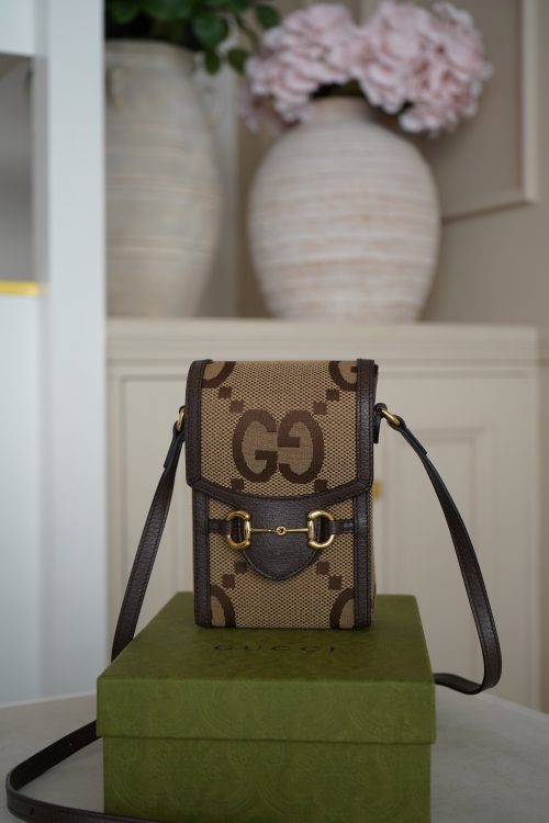Gucci Horsebit Mini Bag Featuring Iconic Jumbo GG Canvas Pattern and Gold Tone Hardware
