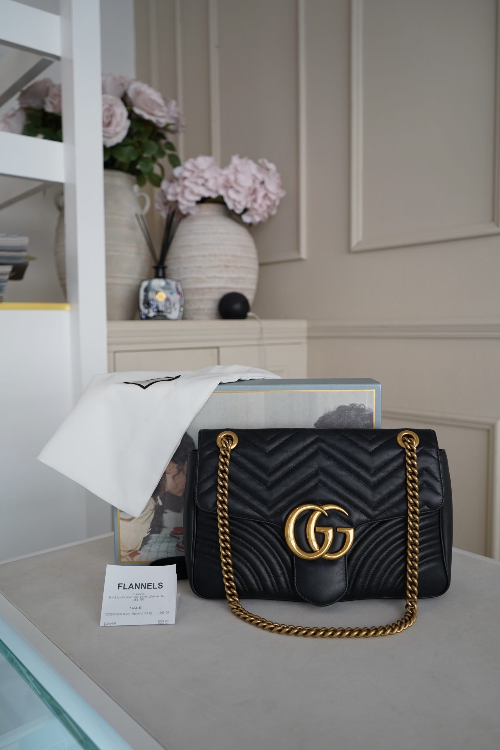 Gucci GG Marmount Shoulder Bag Crafted From Black Quilted Matelasse Leather And Gold Toned Hardware. - Image 3