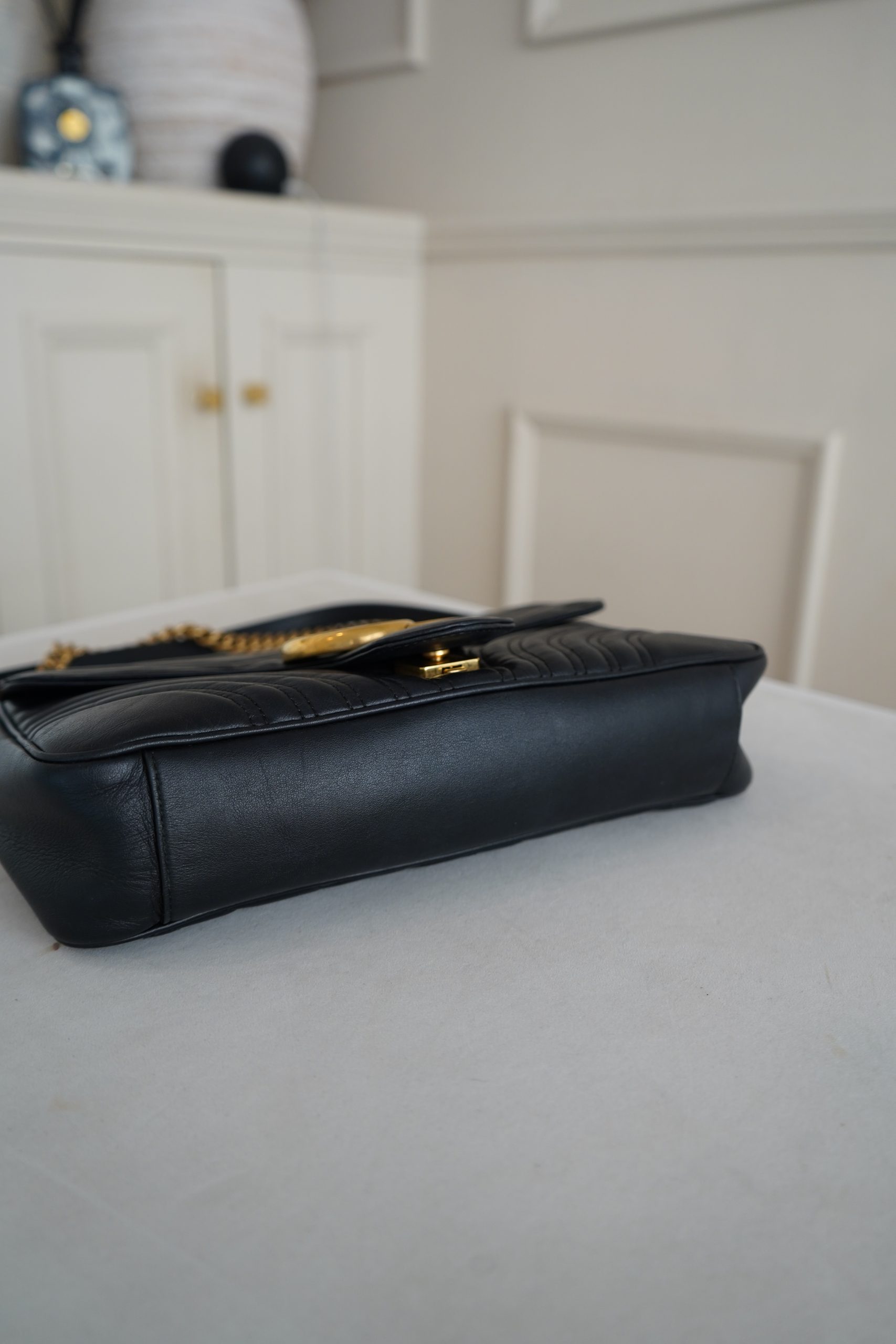 Gucci GG Marmount Shoulder Bag Crafted From Black Quilted Matelasse Leather And Gold Toned Hardware. - Image 11