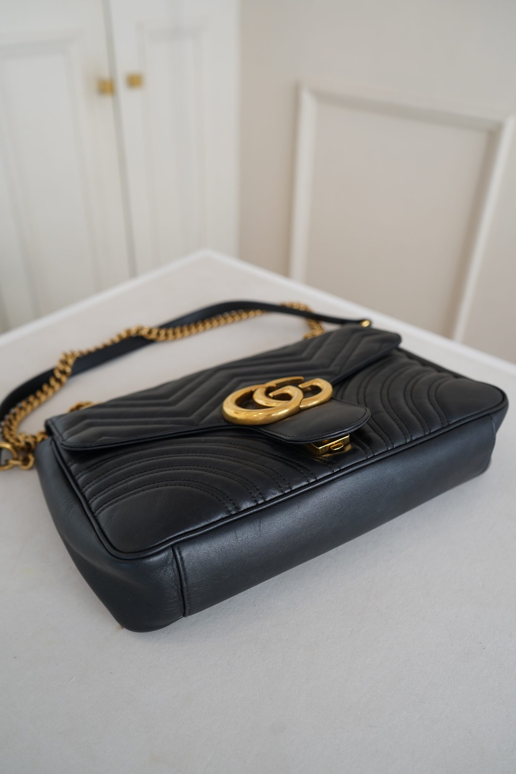 Gucci GG Marmount Shoulder Bag Crafted From Black Quilted Matelasse Leather And Gold Toned Hardware. - Image 12