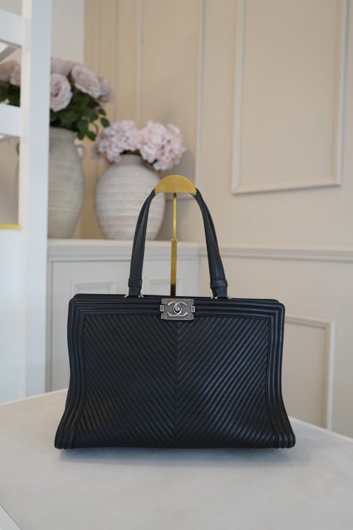 Chanel Chevron Boy Bag Tote Shopper in Black Lambskin Leather 2014 Model
