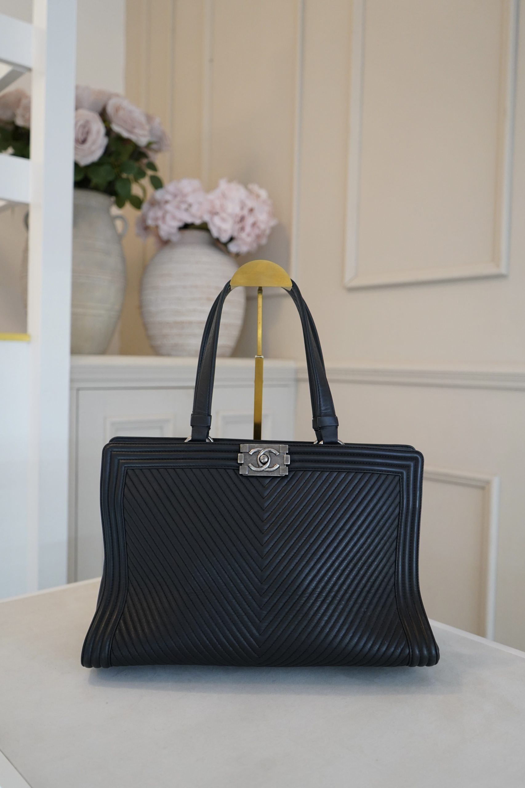 Chanel Chevron Boy Bag Tote Shopper in Black Lambskin Leather 2014 Model